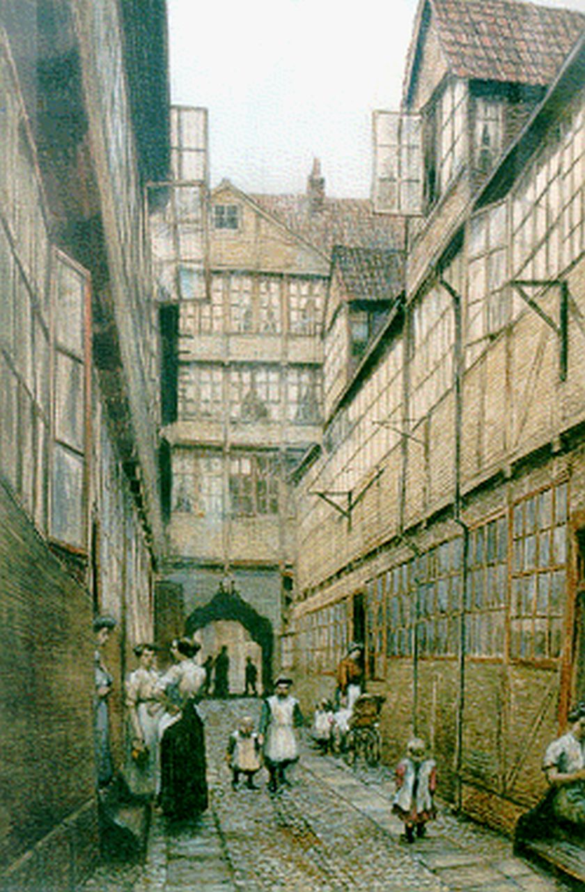 Staller G.J.  | Gerard Johan Staller, Fingergang Hof in Hamburg, pastel en aquarel op papier 129,0 x 88,0 cm, gesigneerd rechtsonder