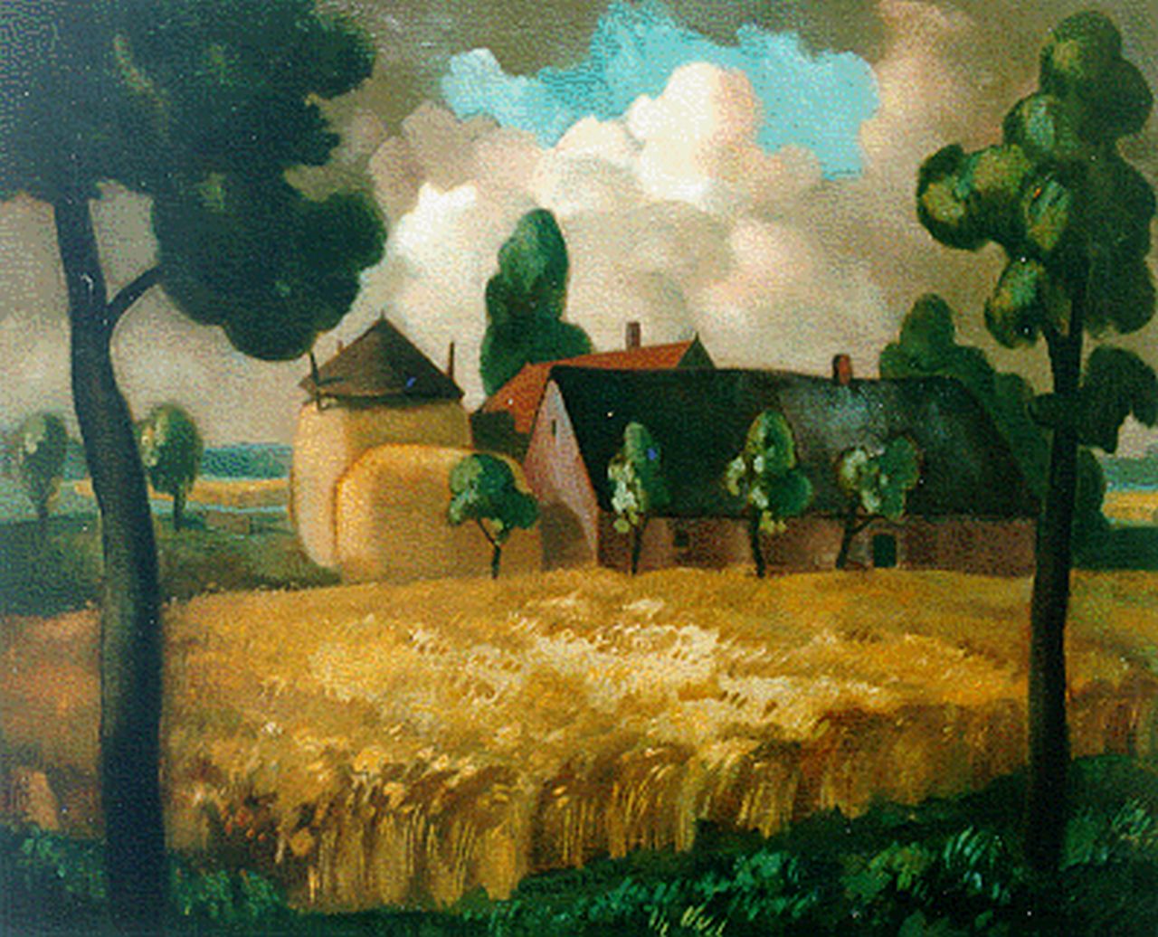 Klijn W.H.  | Wilhelm Heinrich 'Willem' Klijn, Landschap Laren met boerderij en hooiberg, olieverf op doek 45,2 x 55,3 cm, gesigneerd middenonder