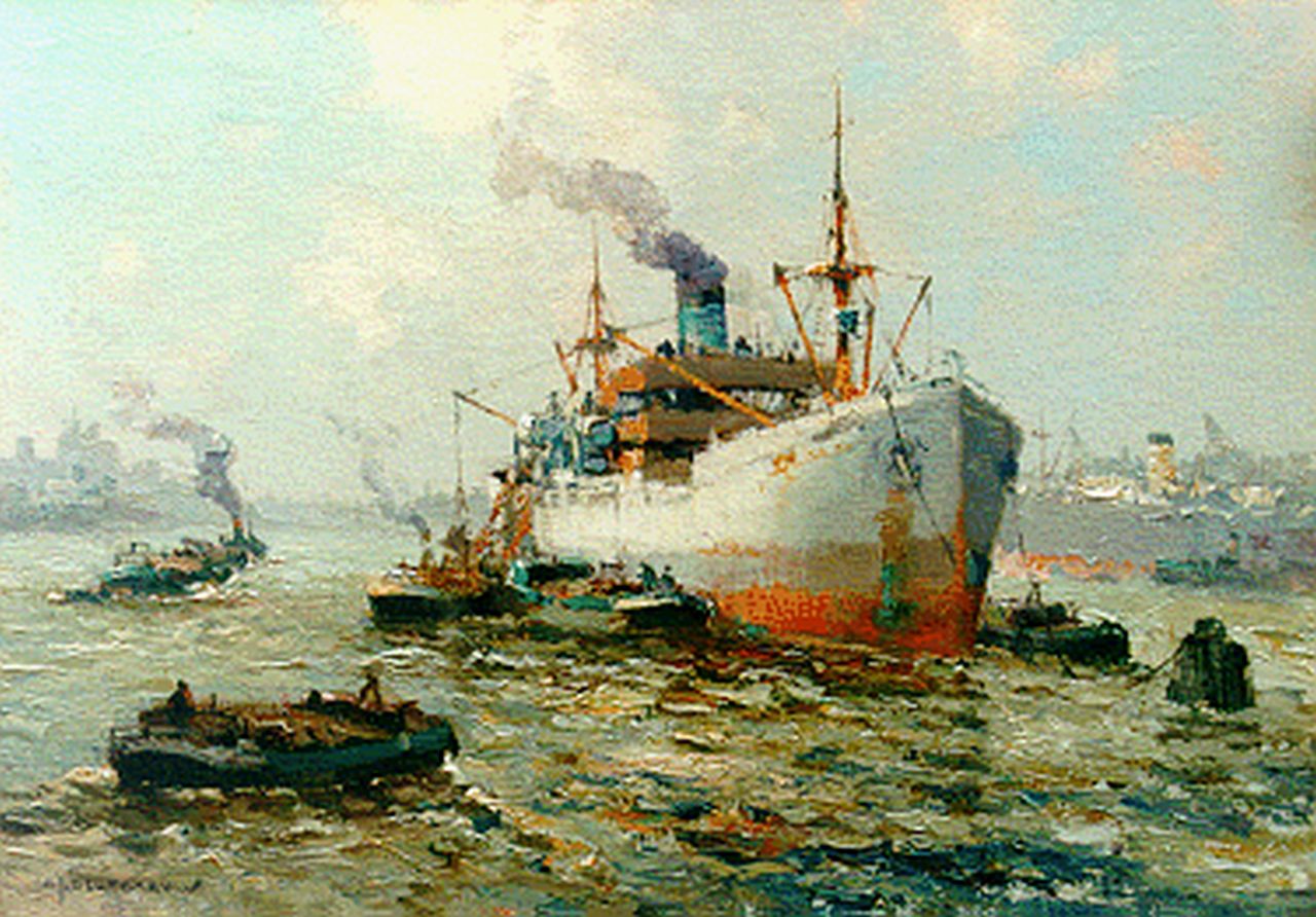 Delfgaauw G.J.  | Gerardus Johannes 'Gerard' Delfgaauw, Vrachtschip in de haven van Rotterdam, olieverf op doek 35,0 x 50,0 cm, gesigneerd linksonder