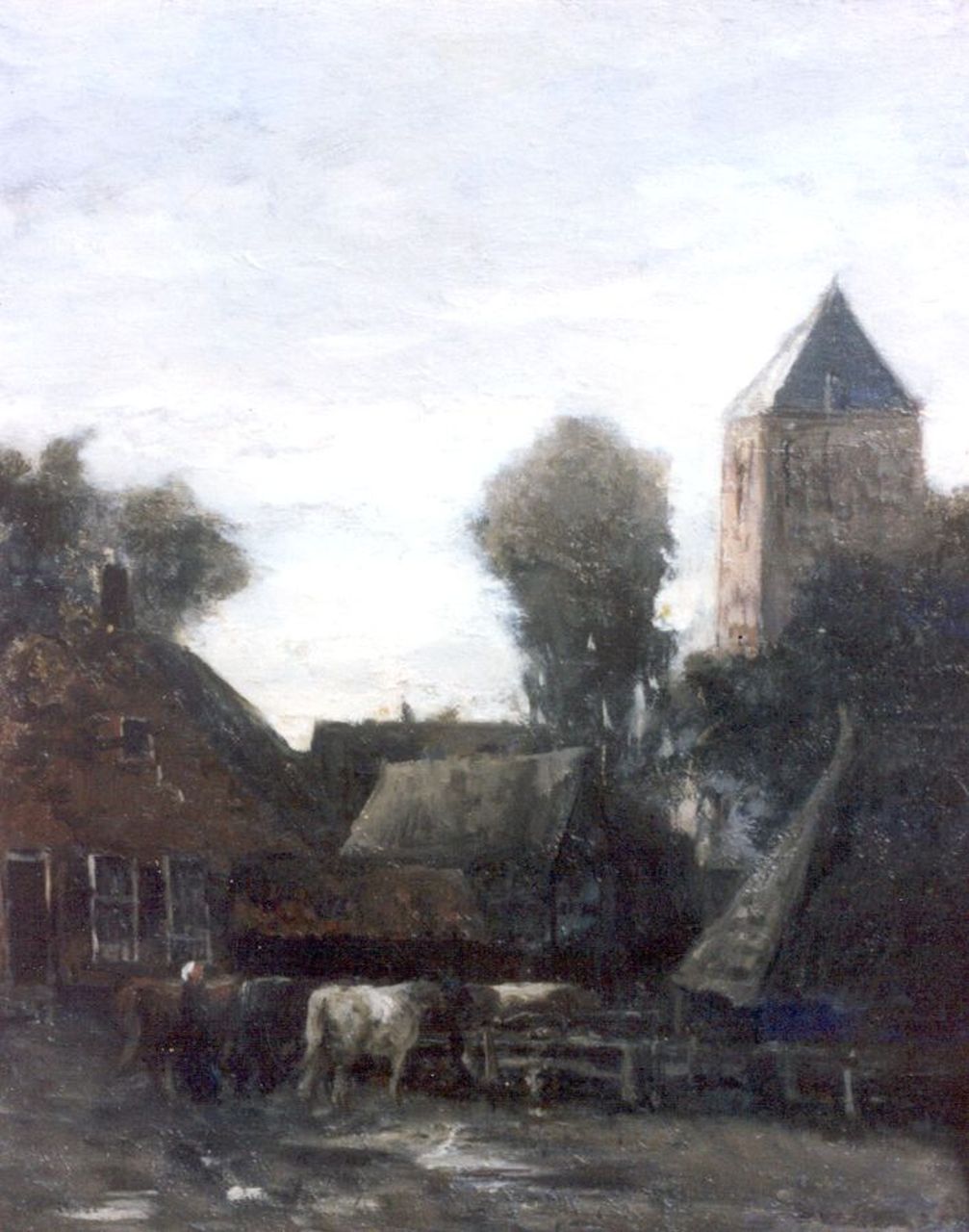 Mesdag H.W.  | Hendrik Willem Mesdag, Dorpsgezichtje met koeien, olieverf op paneel 31,7 x 25,4 cm, gesigneerd achterzijde