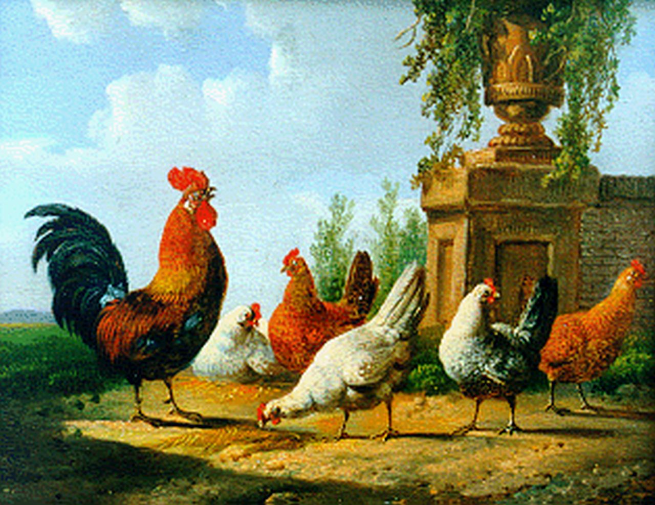 Verhoesen A.  | Albertus Verhoesen, Haan met vijf kippen bij een muurtje, olieverf op paneel (2 stuks) 12,8 x 15,4 cm