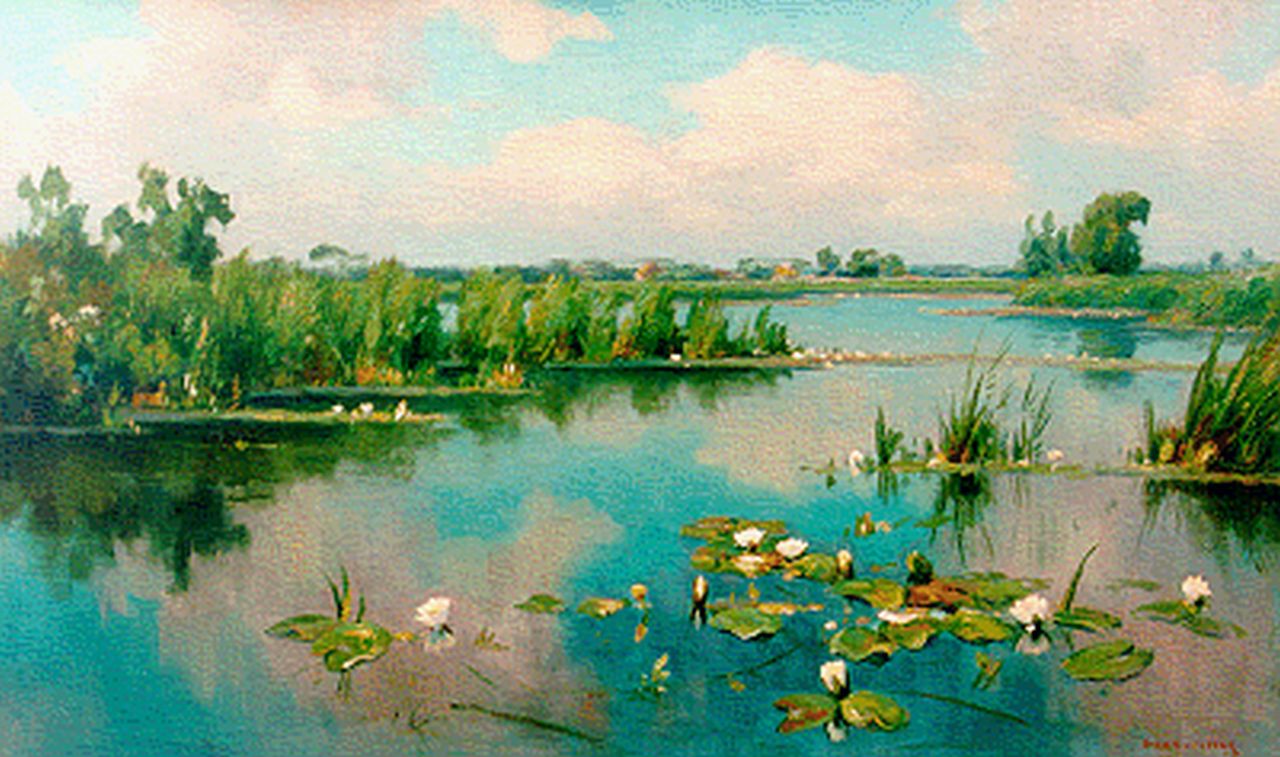 Beek B.A. van | Bernardus Antonie van Beek, Plasgezicht met waterlelies, olieverf op doek 54,8 x 90,3 cm, gesigneerd rechtsonder Beek B.A. van | Bernardus Antonie van Beek, Plasgezicht met waterlelies, olieverf op doek 54,8 x 90,3 cm, gesigneerd rechtsonder