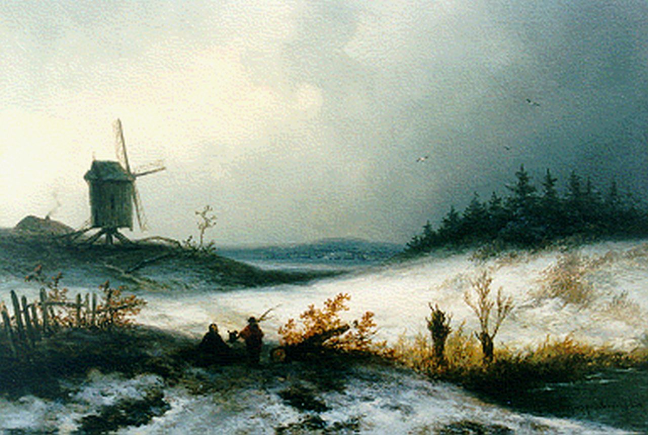 Hoppenbrouwers J.F.  | Johannes Franciscus Hoppenbrouwers, Winterlandschap met molen, olieverf op paneel 17,0 x 24,8 cm, gesigneerd linksonder