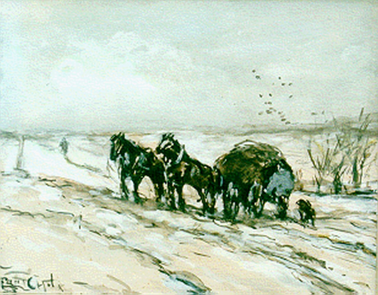 Apol L.F.H.  | Lodewijk Franciscus Hendrik 'Louis' Apol, Hooiwagen op een besneeuwd pad, gouache op papier 11,5 x 14,7 cm, gesigneerd linksonder