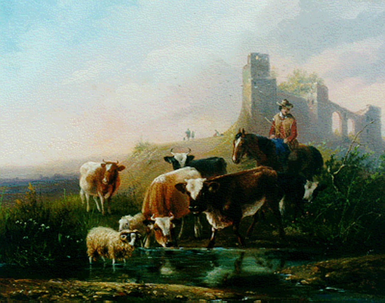 Knip A. | Augustus 'August' Knip, Koeien en schapen bij een stroom, olieverf op paneel 21,3 x 26,8 cm, gesigneerd rechtsonder Knip A. | Augustus 'August' Knip, Koeien en schapen bij een stroom, olieverf op paneel 21,3 x 26,8 cm, gesigneerd rechtsonder