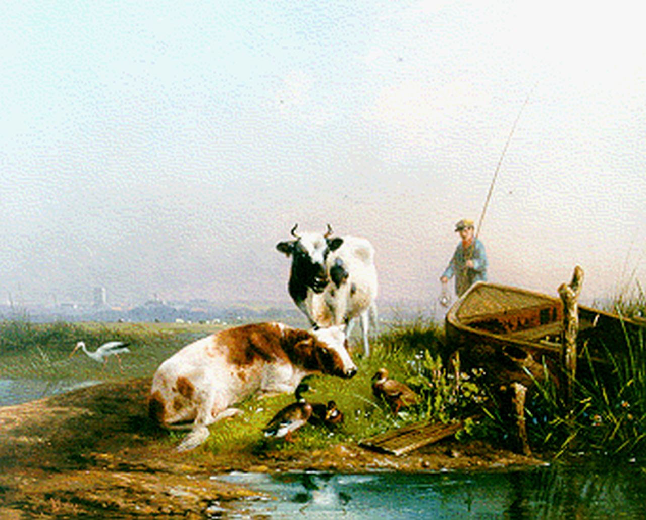 Knip A.  | Augustus 'August' Knip, Koeien en een visser bij een stroom, olieverf op paneel 21,3 x 26,8 cm, gesigneerd linksonder