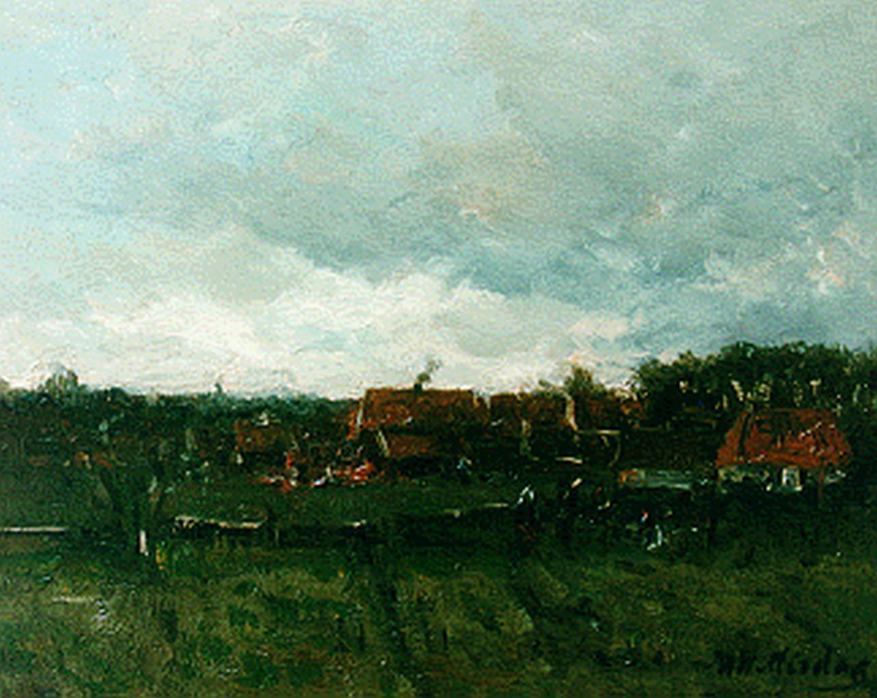 Mesdag H.W.  | Hendrik Willem Mesdag, Aan de rand van een Hollands dorpje, olieverf op paneel 20,0 x 25,0 cm, gesigneerd rechtsonder