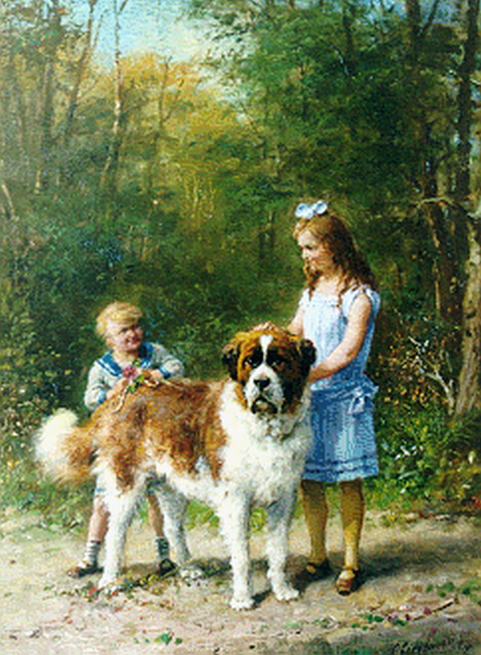 Eerelman O.  | Otto Eerelman, Sint-Bernard hond met kinderen, olieverf op doek 60,2 x 45,0 cm, gesigneerd rechtsonder en gedateerd 1926
