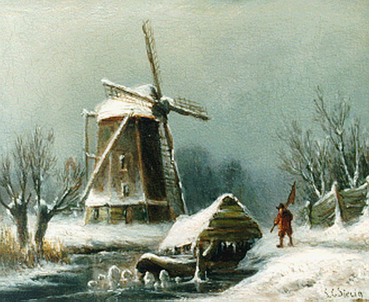 Sierich L.C.  | Ludwig Casimir 'Louis' Sierich, Winterlandschap met molen, olieverf op paneel 13,3 x 16,4 cm, gesigneerd rechtsonder