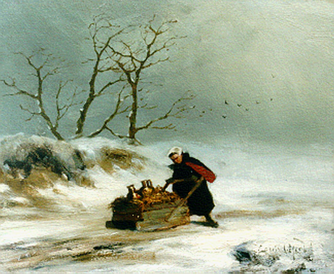 Apol L.F.H.  | Lodewijk Franciscus Hendrik 'Louis' Apol, Vrouw met slede in winterlandschap, olieverf op paneel 19,2 x 23,6 cm, gesigneerd rechtsonder en te dateren ca. 1872-1875