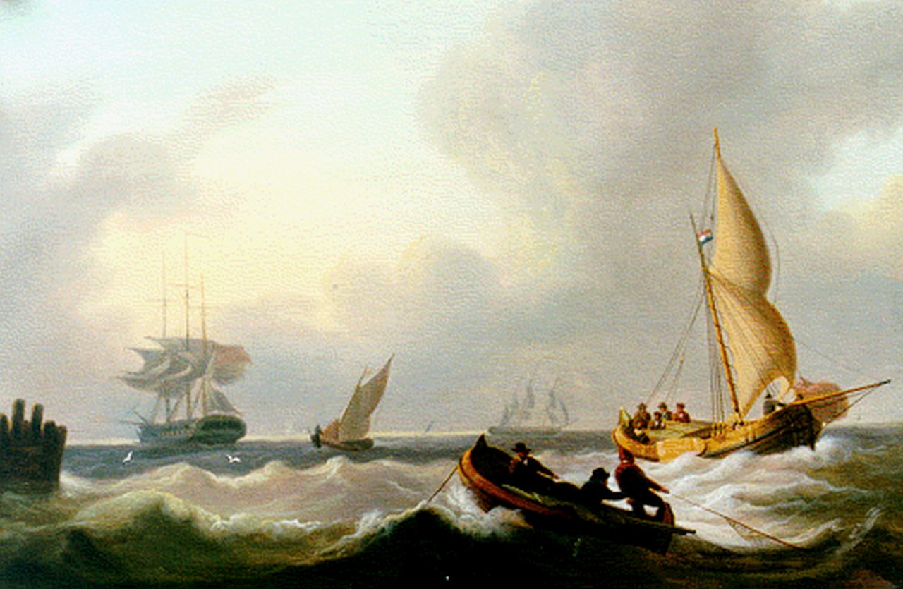 David Kleyne | Zeilschepen en visserssloep op zee, olieverf op paneel, 25,0 x 37,0 cm