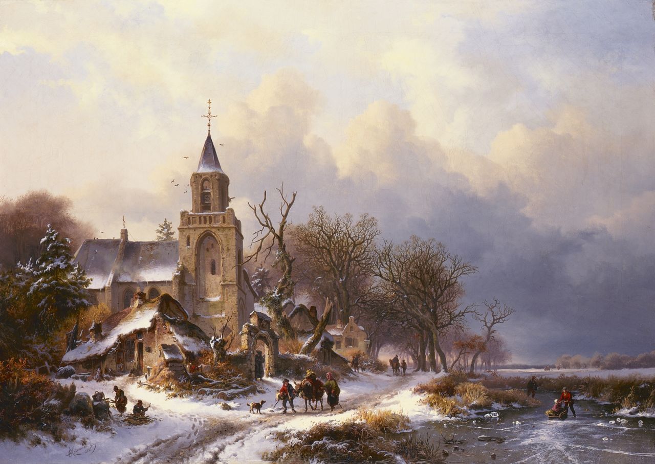 Kruseman F.M.  | Frederik Marinus Kruseman, Winters landschap met kerk en figuren, olieverf op doek 79,0 x 111,3 cm, gesigneerd linksonder en gedateerd 1858