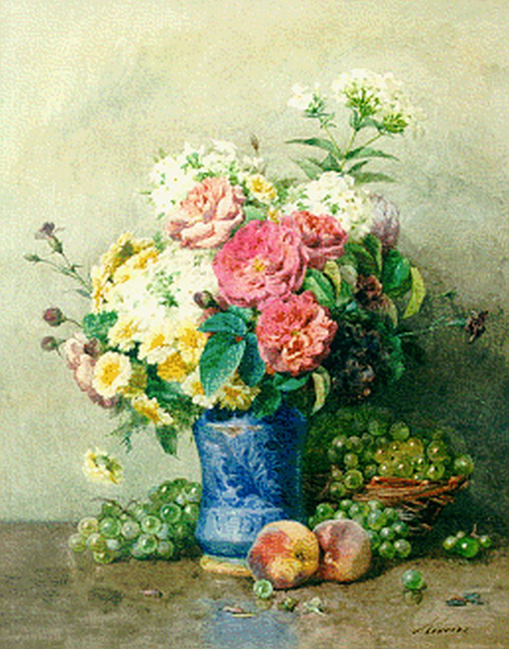 Rivoire F.  | François Rivoire, Stilleven met rozen, phloxen en fruit, aquarel op papier 58,4 x 46,4 cm, gesigneerd rechtsonder