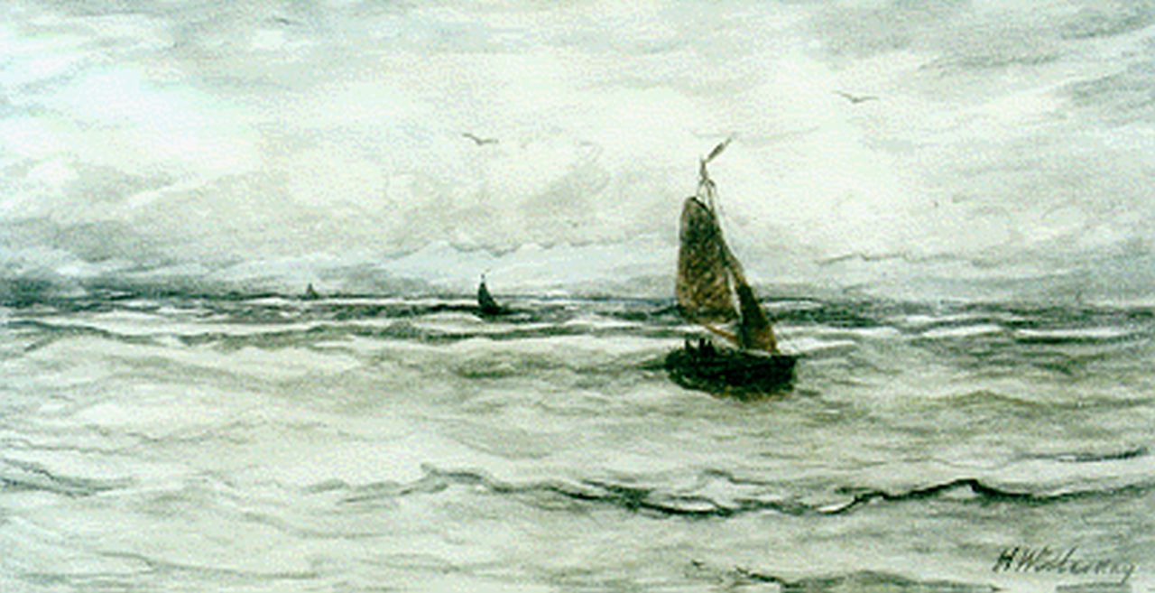 Mesdag H.W.  | Hendrik Willem Mesdag, Bomschuiten op zee, aquarel op papier 36,3 x 65,7 cm, gesigneerd rechtsonder