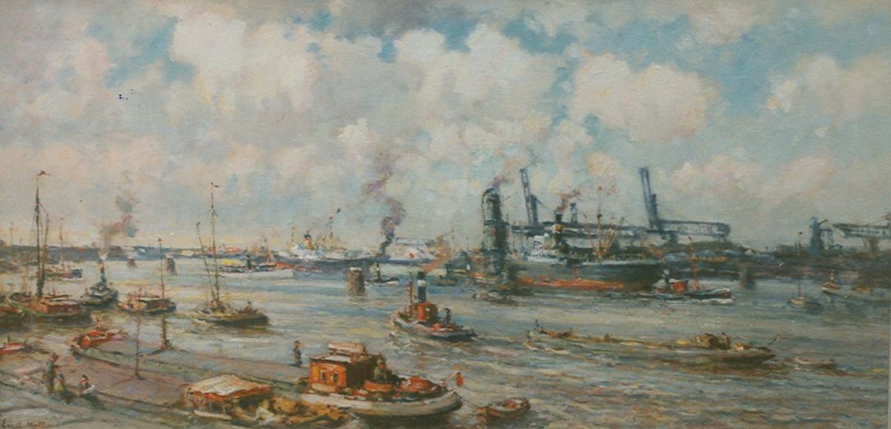 Moll E.  | Evert Moll, Schepen in de haven en figuren op de kade, olieverf op doek 63,5 x 125,2 cm, gesigneerd linksonder