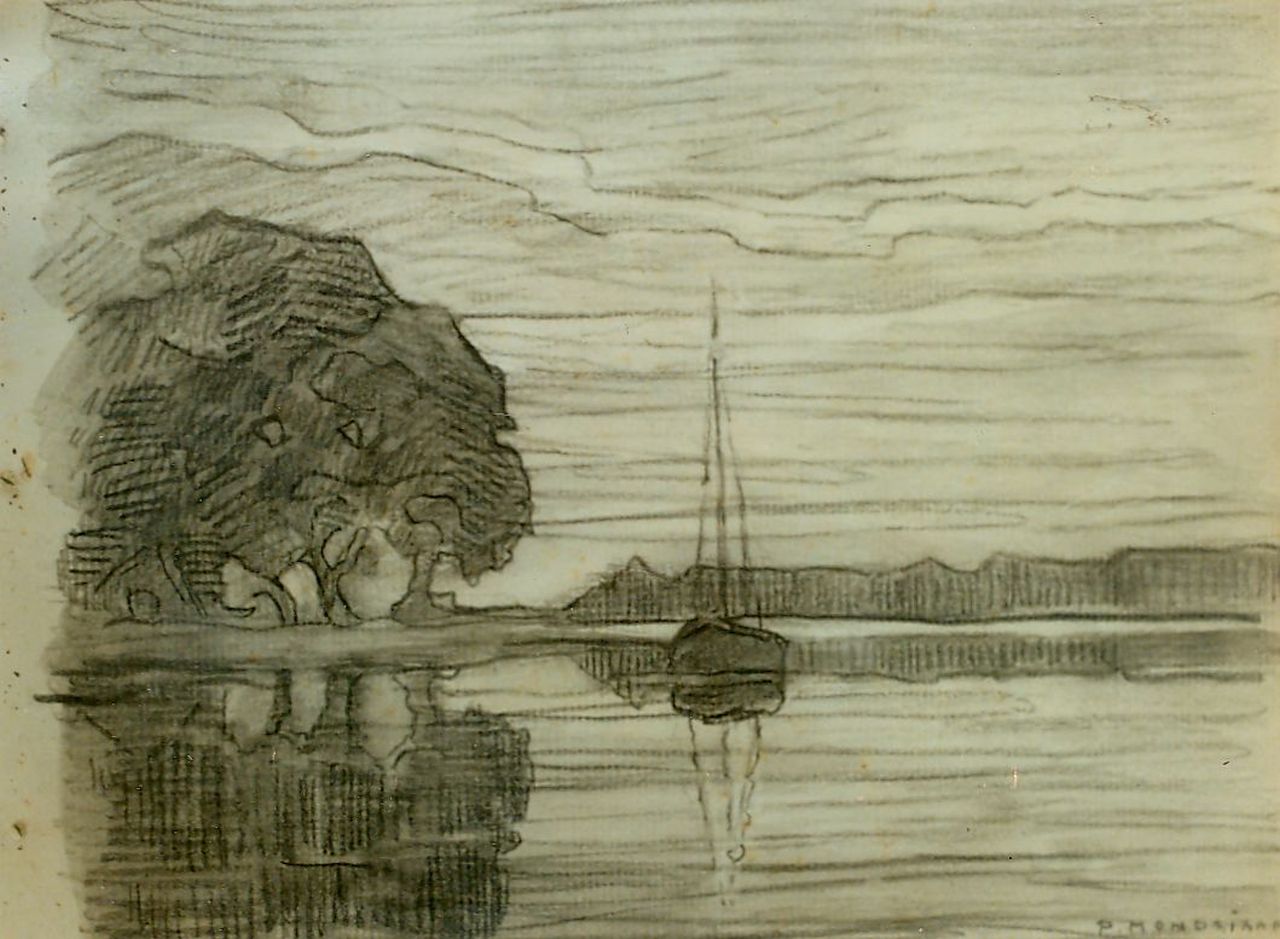 Mondriaan P.C.  | Pieter Cornelis 'Piet' Mondriaan, Zicht op de Amstel, potlood op papier 19,0 x 25,0 cm, gesigneerd rechtsonder