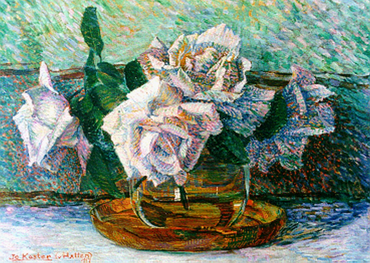 Koster J.P.C.A.  | Johanna Petronella Catharina Antoinetta 'Jo' Koster, Stilleven met rozen in een glazen vaas, olieverf op doek 27,3 x 38,5 cm, gesigneerd linksonder en gedateerd 1917