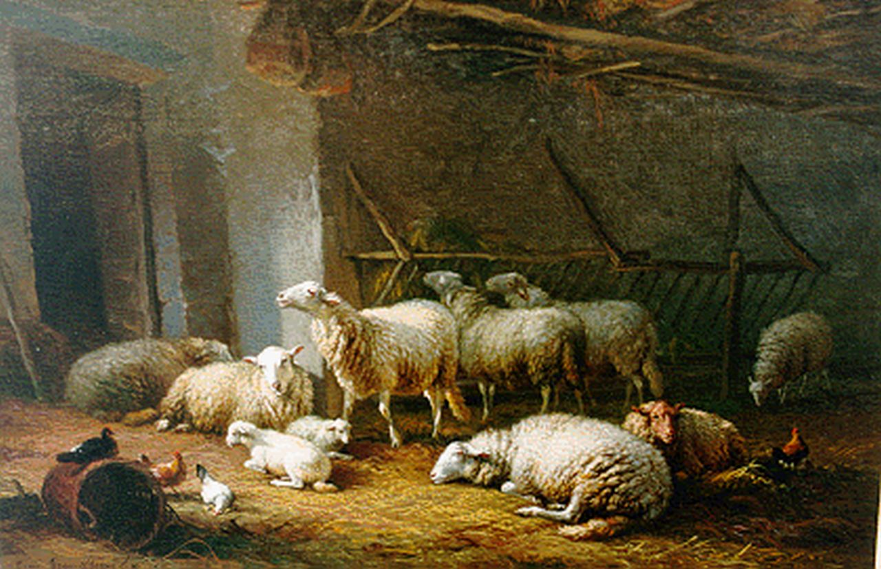 Verboeckhoven E.J.  | Eugène Joseph Verboeckhoven, Pluimvee en schapen in een stal, olieverf op doek 32,5 x 48,2 cm, gesigneerd linksonder en gedateerd 1860