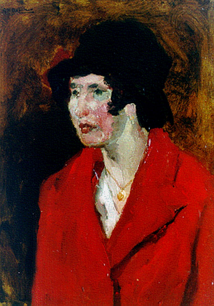 Breitner G.H.  | George Hendrik Breitner, De dame met de rode mantel, olieverf op paneel 39,5 x 29,0 cm, gesigneerd linksboven