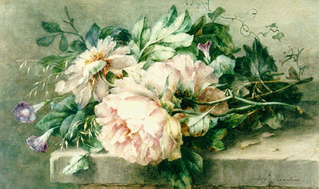 Roosenboom M.C.J.W.H.  | 'Margaretha' Cornelia Johanna Wilhelmina Henriëtta Roosenboom, Bloemstilleven van pioenrozen en haagwinde, aquarel op papier 40,6 x 65,2 cm, gesigneerd rechtsonder