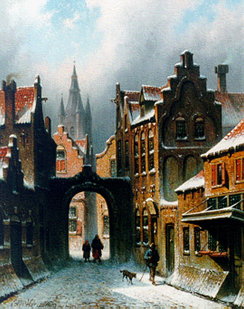 Hilverdink E.A.  | Eduard Alexander Hilverdink, Winters straatje te Delft, met de Oude Kerk op achtergrond, olieverf op paneel 29,6 x 23,5 cm, gesigneerd linksonder en gedateerd juli 1869
