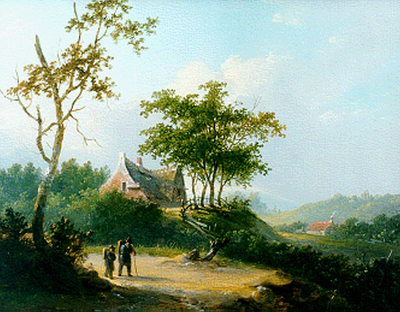 Stok J. van der | Jacobus van der Stok, Reizigers in panoramisch zomerlandschap, olieverf op paneel 25,7 x 32,6 cm