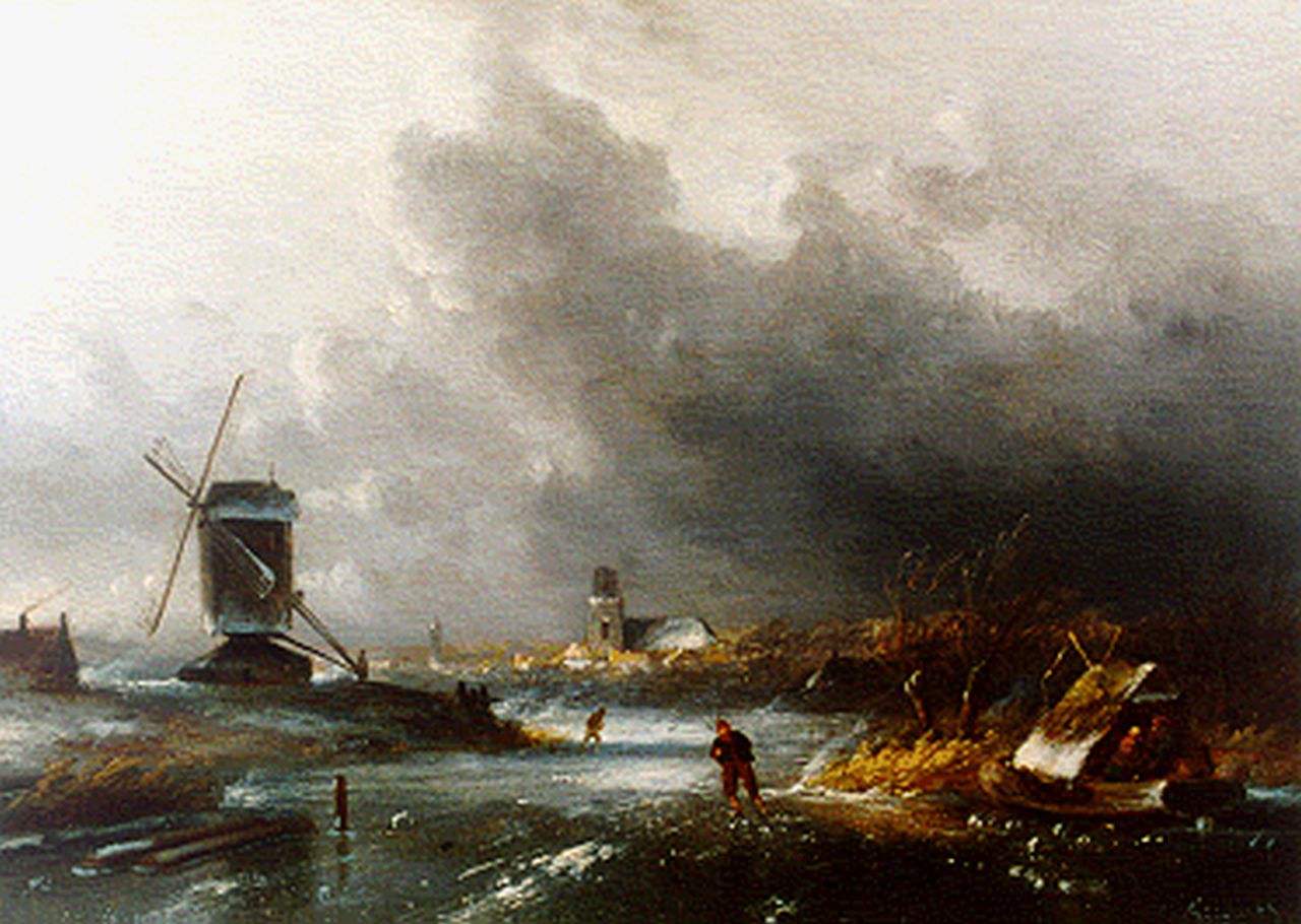 Leickert C.H.J.  | 'Charles' Henri Joseph Leickert, Winterlandschap met molen en schaatsers, olieverf op paneel 22,9 x 31,7 cm, gesigneerd rechtsonder