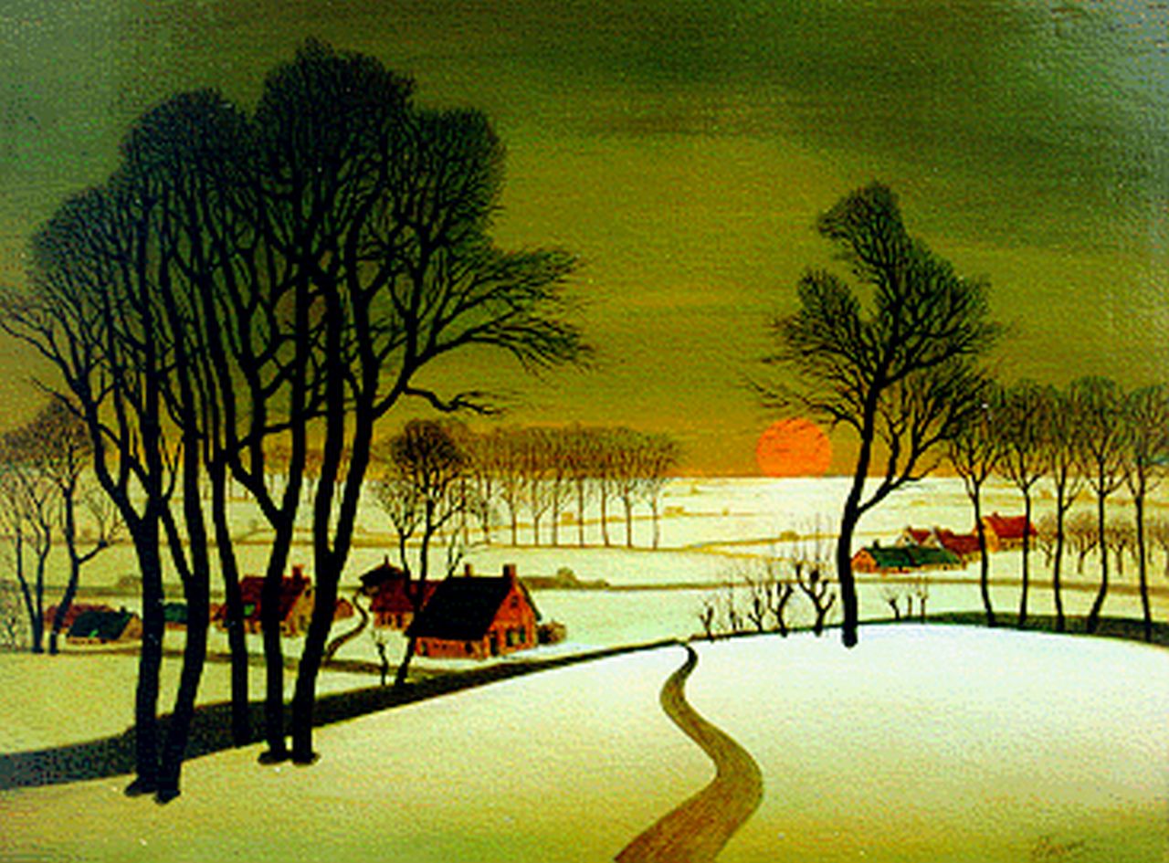 Kuppens J.H.  | Jan Hendrik Kuppens, Sneeuwlandschap met ondergaande zon, olieverf op paneel 15,0 x 20,0 cm, gesigneerd rechtsonder