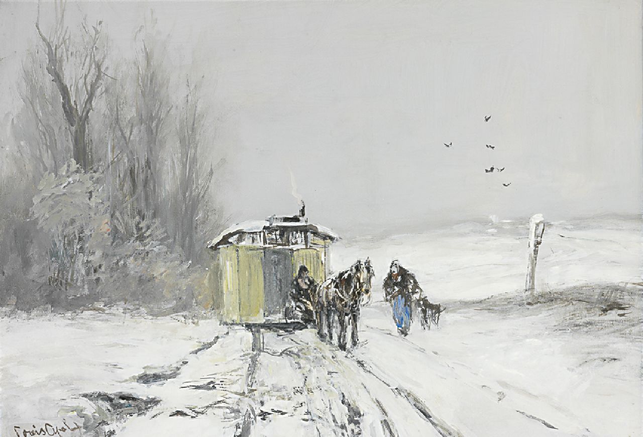 Apol L.F.H.  | Lodewijk Franciscus Hendrik 'Louis' Apol, Woonwagen in een winterlandschap, gouache op papier 43,8 x 62,5 cm, gesigneerd linksonder