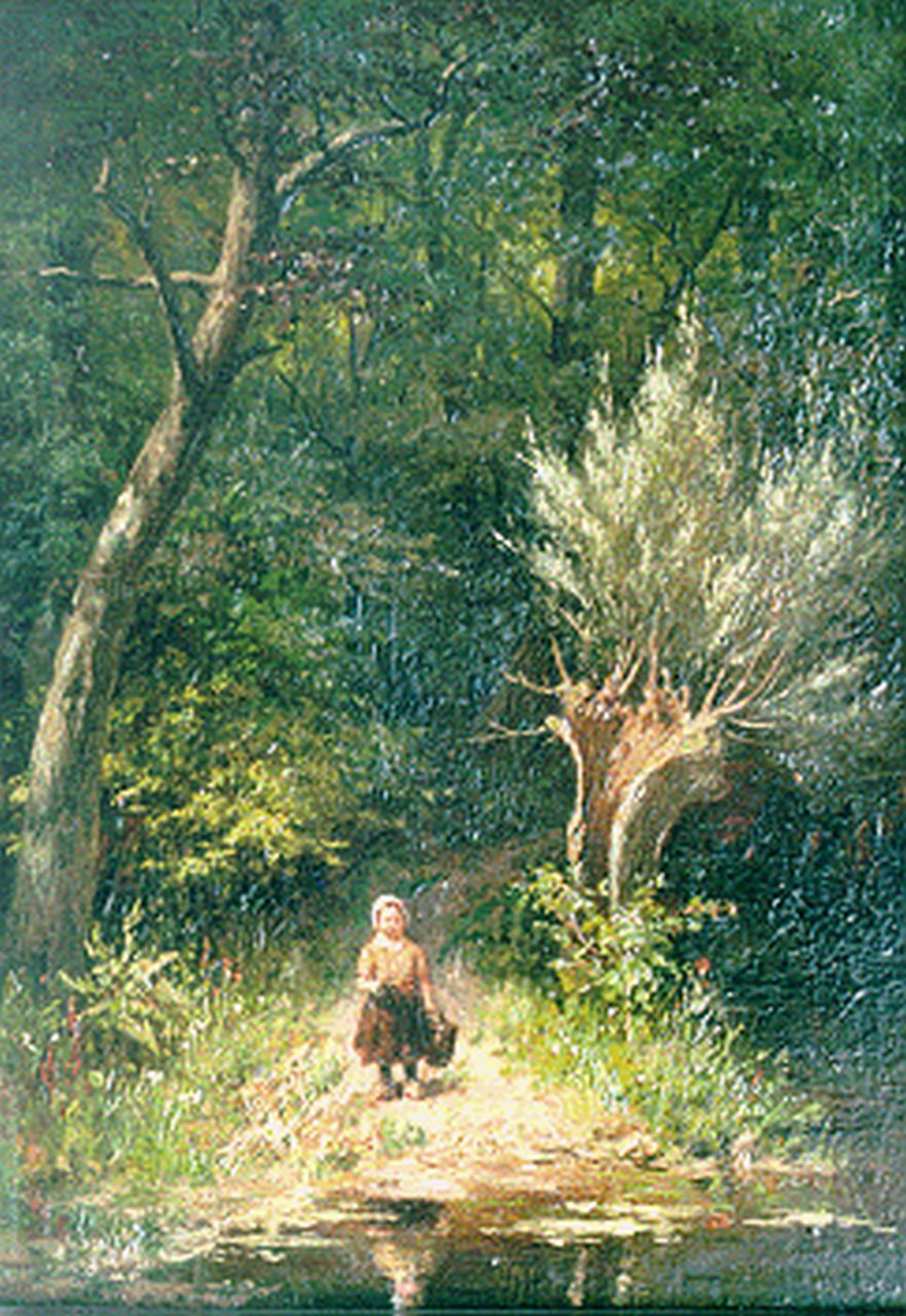 Gerstenhauer Zimmerman J.G.  | Johan Georg Gerstenhauer Zimmerman, Meisje bij bosvijver, olieverf op paneel 32,9 x 23,3 cm, gesigneerd rechtsonder