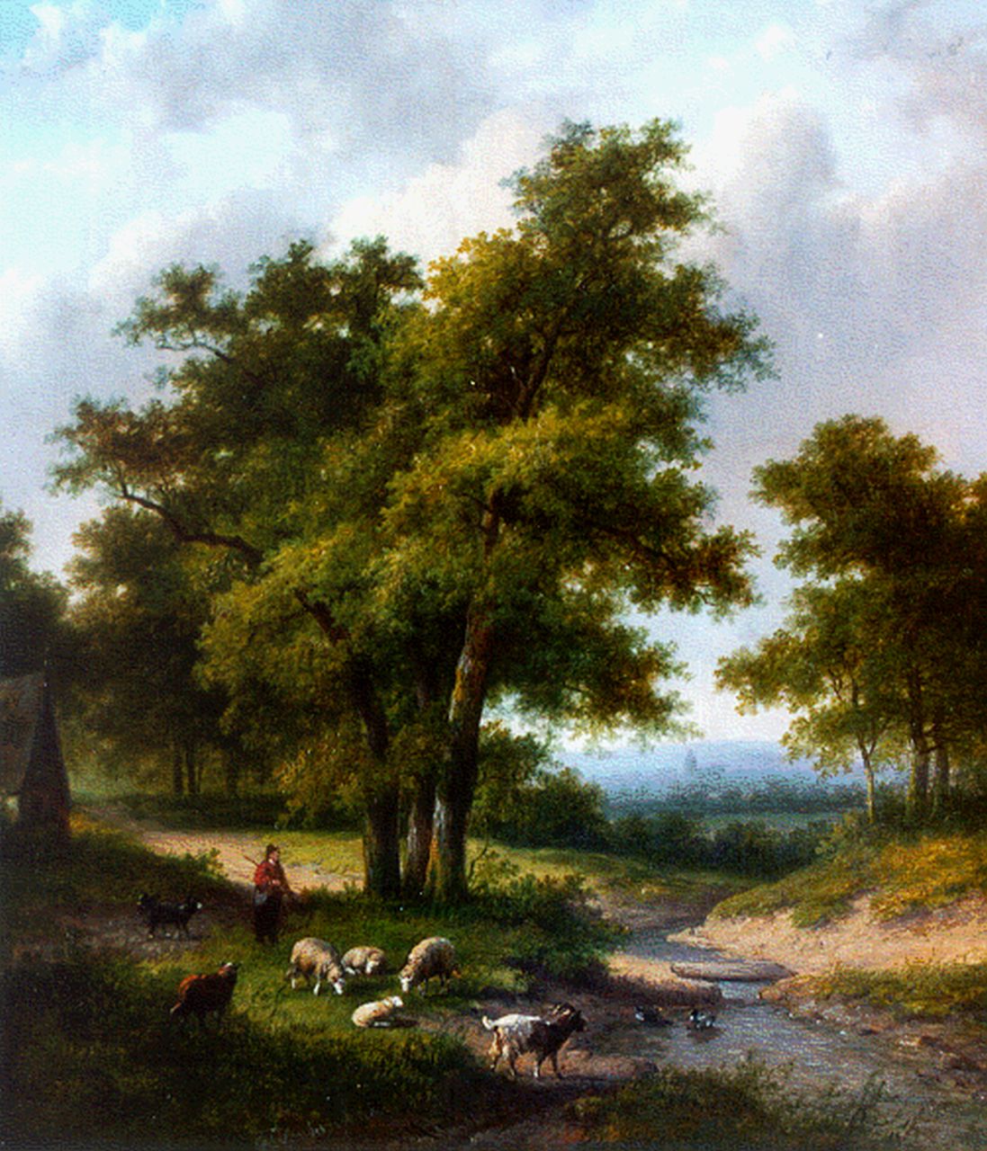 Morel II J.E.  | Jan Evert Morel II, Herder met zijn kudde in boomrijk landschap, olieverf op doek 31,7 x 28,1 cm, gesigneerd middenonder