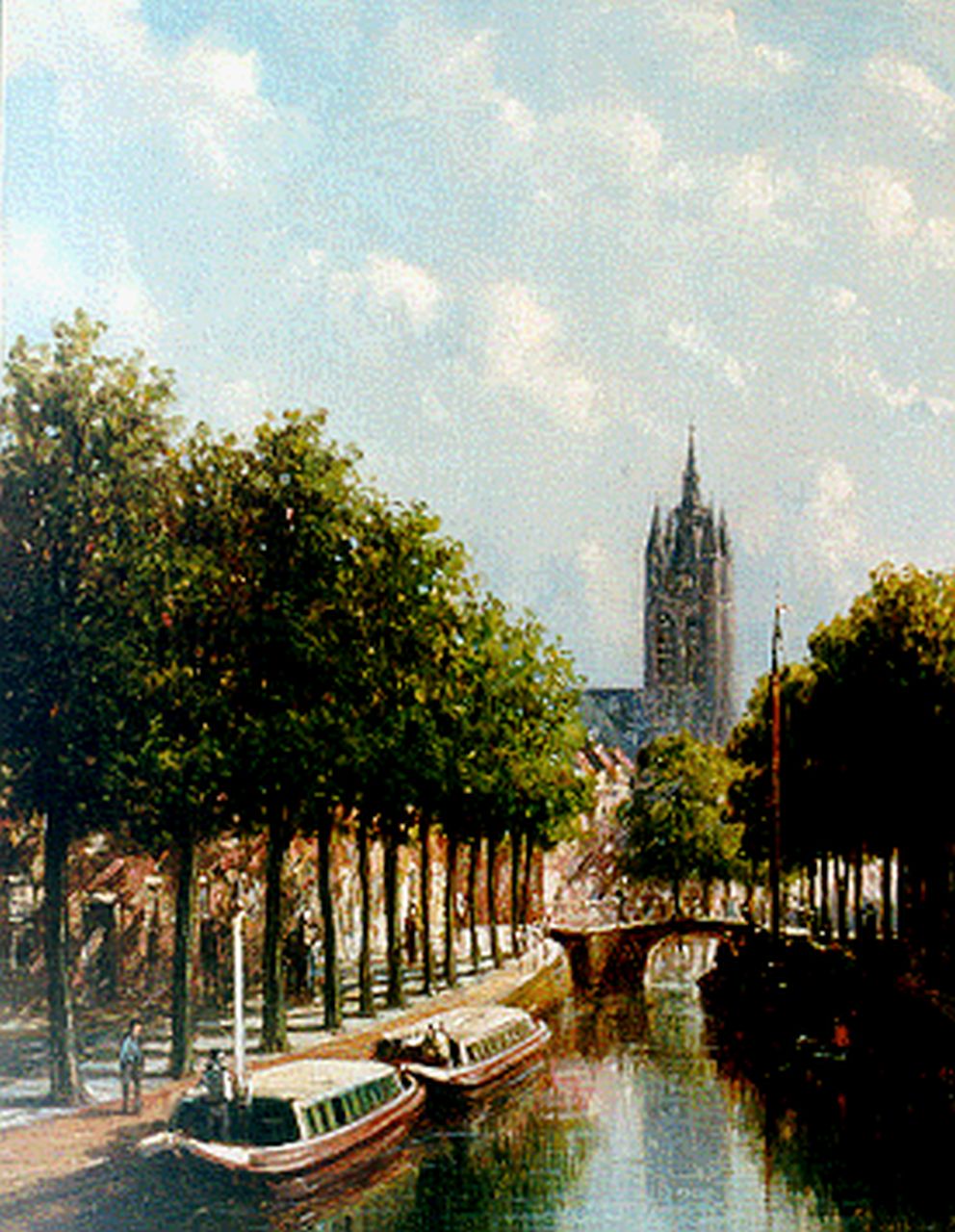 Vertin P.G.  | Petrus Gerardus Vertin, Stadsgezicht op Delft met de Oude Kerk op achtergrond, olieverf op paneel 24,5 x 18,6 cm, gesigneerd rechtsonder