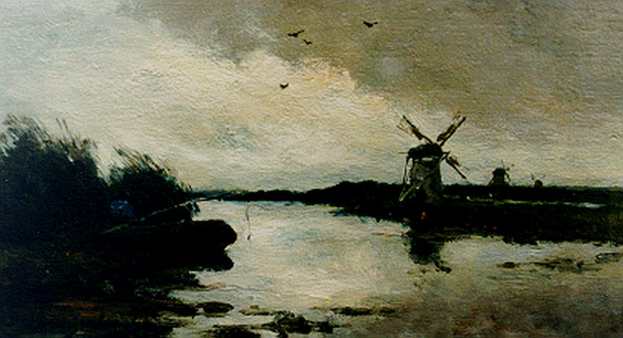 Weissenbruch H.J.  | Hendrik Johannes 'J.H.' Weissenbruch, Hengelaar in polderlandschap, olieverf op paneel 16,2 x 29,1 cm, gesigneerd linksonder