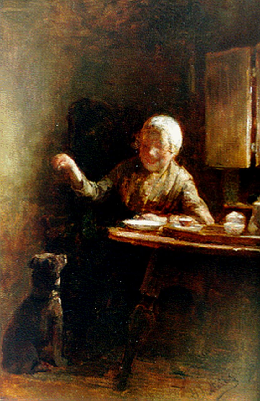 Mélis H.J.  | Henricus Joannes Mélis, Jong meisje leert haar hond trucjes, olieverf op doek 39,1 x 26,0 cm, gesigneerd rechtsonder