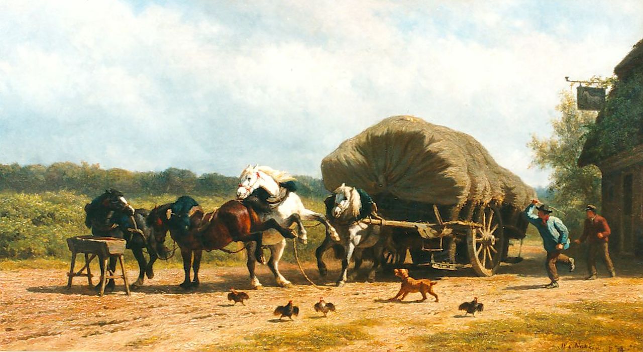 Nakken W.K.  | Willem Karel 'W.C.' Nakken, Paarden bij de voederbak, olieverf op doek 45,0 x 80,0 cm, gesigneerd rechtsonder