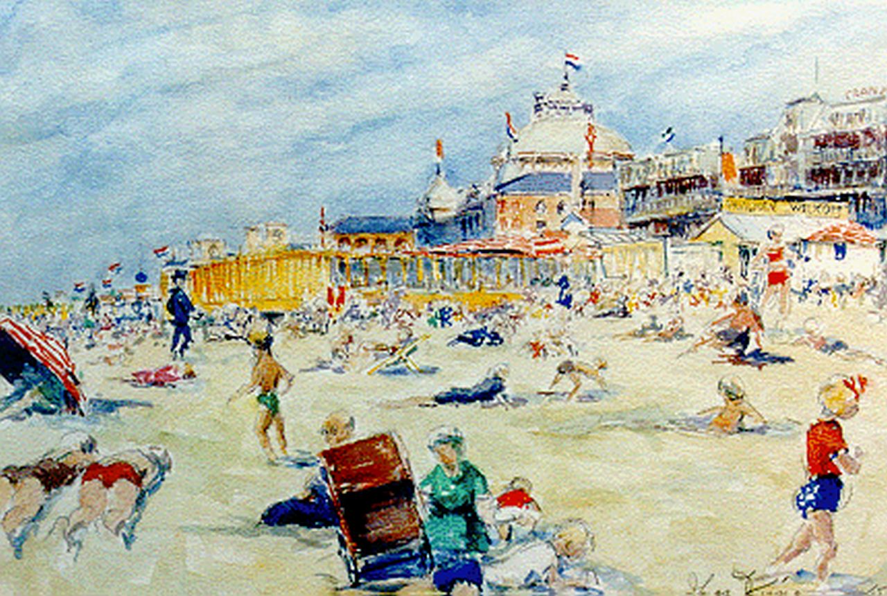 Visser J.  | Jacob 'Jaap' Visser, Zomers gezicht op Scheveningen met het Kurhaus, aquarel op papier 36,0 x 51,3 cm, gesigneerd rechtsonder en gedateerd '47