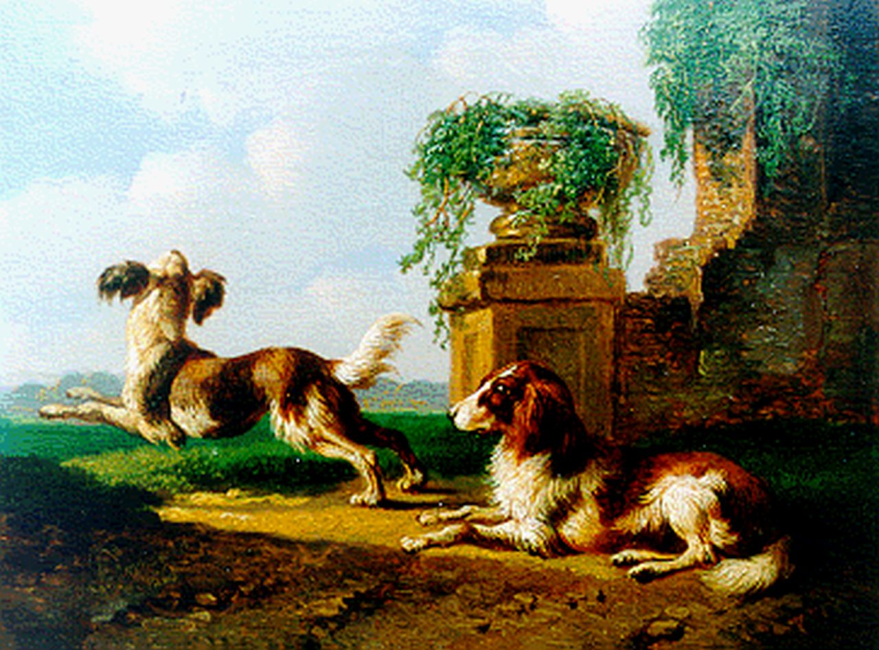 Verhoesen A.  | Albertus Verhoesen, Twee honden bij een muur, olieverf op paneel 11,2 x 14,8 cm, gesigneerd linksonder en gedateerd 1865