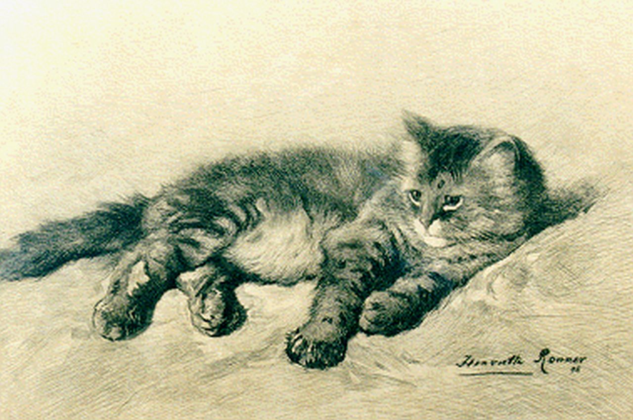 Ronner-Knip H.  | Henriette Ronner-Knip, Jong poesje, ets op papier 19,5 x 28,0 cm, gesigneerd rechtsonder en gedateerd '96