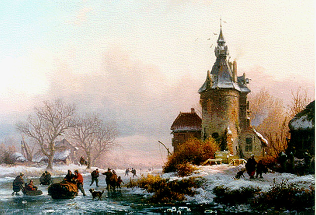 Kruseman F.M.  | Frederik Marinus Kruseman, Winterse vaart met schaatsers, olieverf op paneel 15,6 x 19,7 cm, gesigneerd linksonder en gedateerd 1855