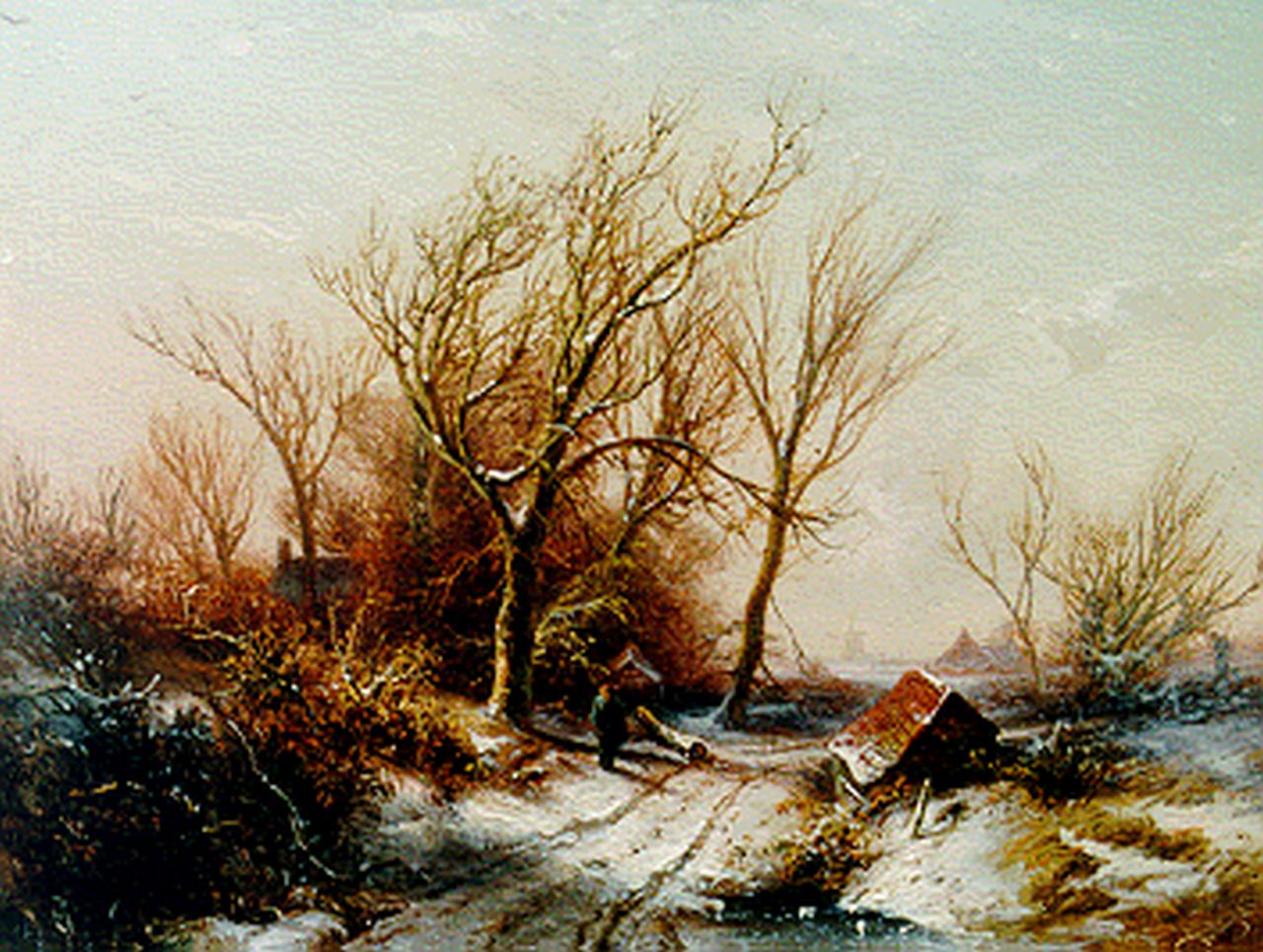 Kluyver P.L.F.  | 'Pieter' Lodewijk Francisco Kluyver, Winters landschap met wandelaar, olieverf op paneel 23,3 x 30,8 cm, gesigneerd rechtsonder