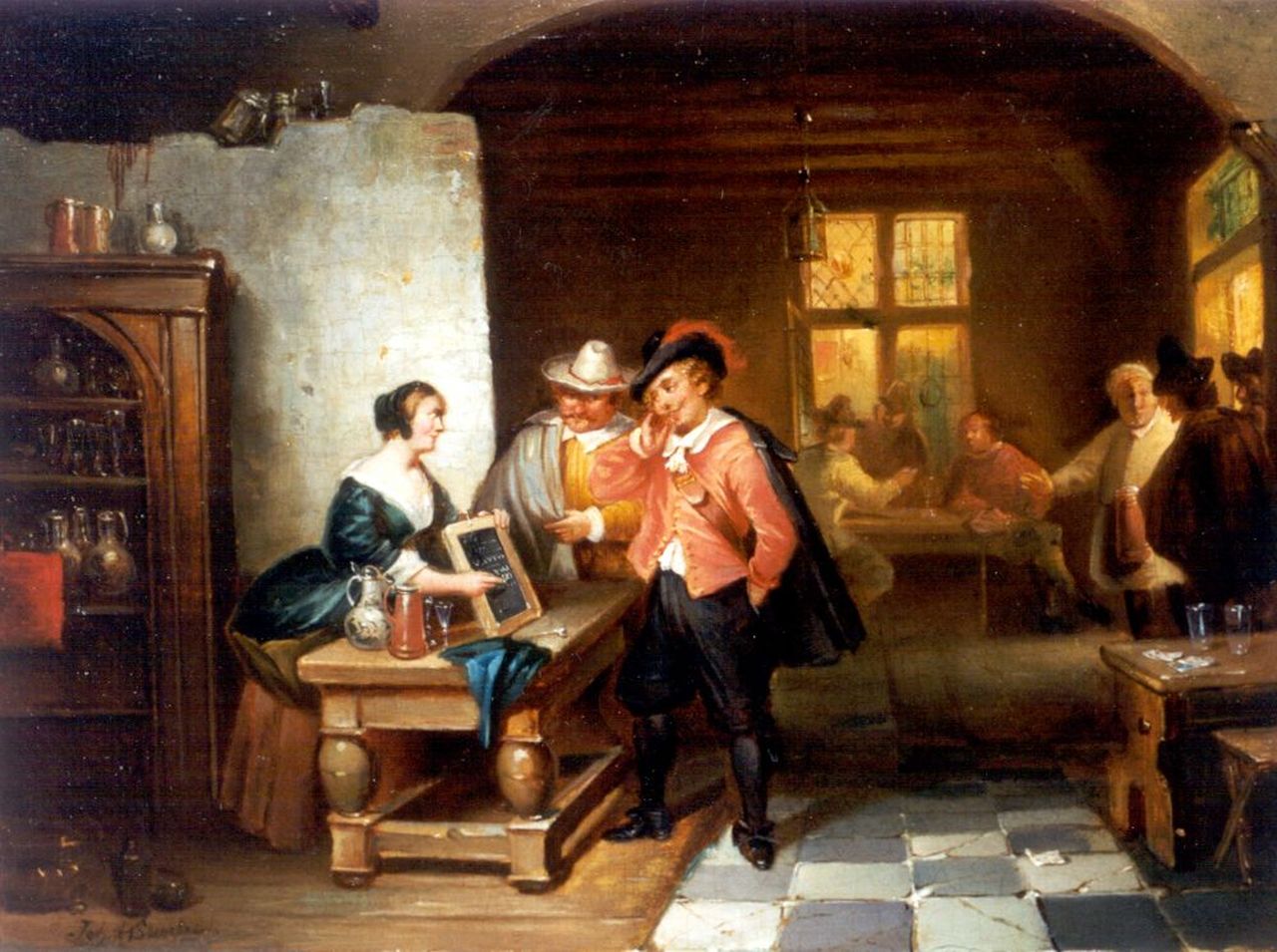 Stroebel J.A.B.  | Johannes Anthonie Balthasar Stroebel, Arriverende gasten in een herberg, olieverf op paneel 26,8 x 34,3 cm, gesigneerd linksonder