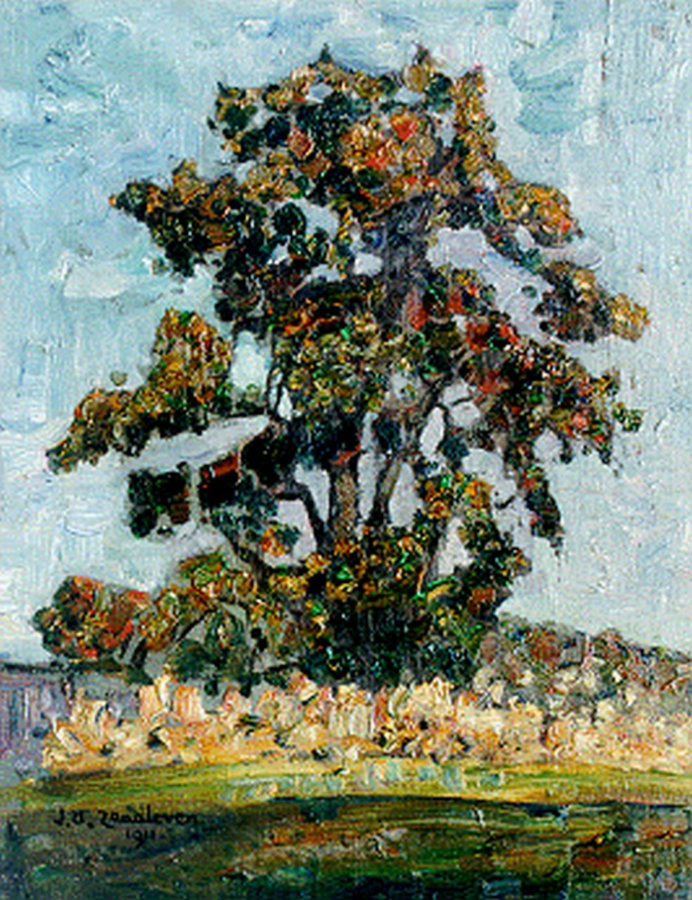 Zandleven J.A.  | Jan Adam Zandleven, Landschap met boom, olieverf op doek op schildersboard 41,5 x 32,5 cm, gesigneerd linksonder en gedateerd 1911