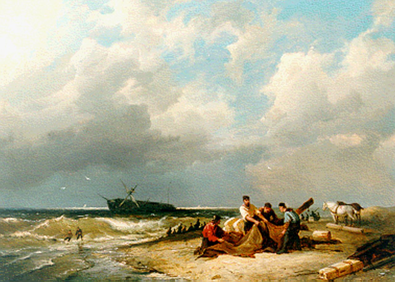 Dommershuijzen P.C.  | Pieter Cornelis Dommershuijzen, Strandjutters met een schipbreuk op achtergrond, olieverf op paneel 27,5 x 38,1 cm, gesigneerd linksonder en gedateerd 1882
