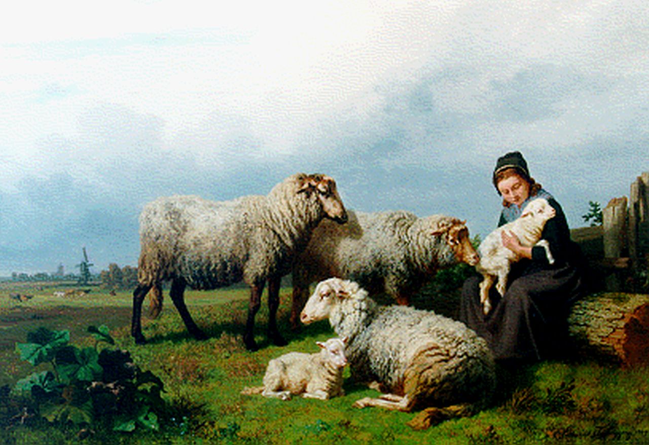 Edmond Jean-Baptiste Tschaggeny | Schapenhoedster met schapen en lammetjes, olieverf op doek, 75,2 x 110,6 cm, gesigneerd r.o. en gedateerd 1869