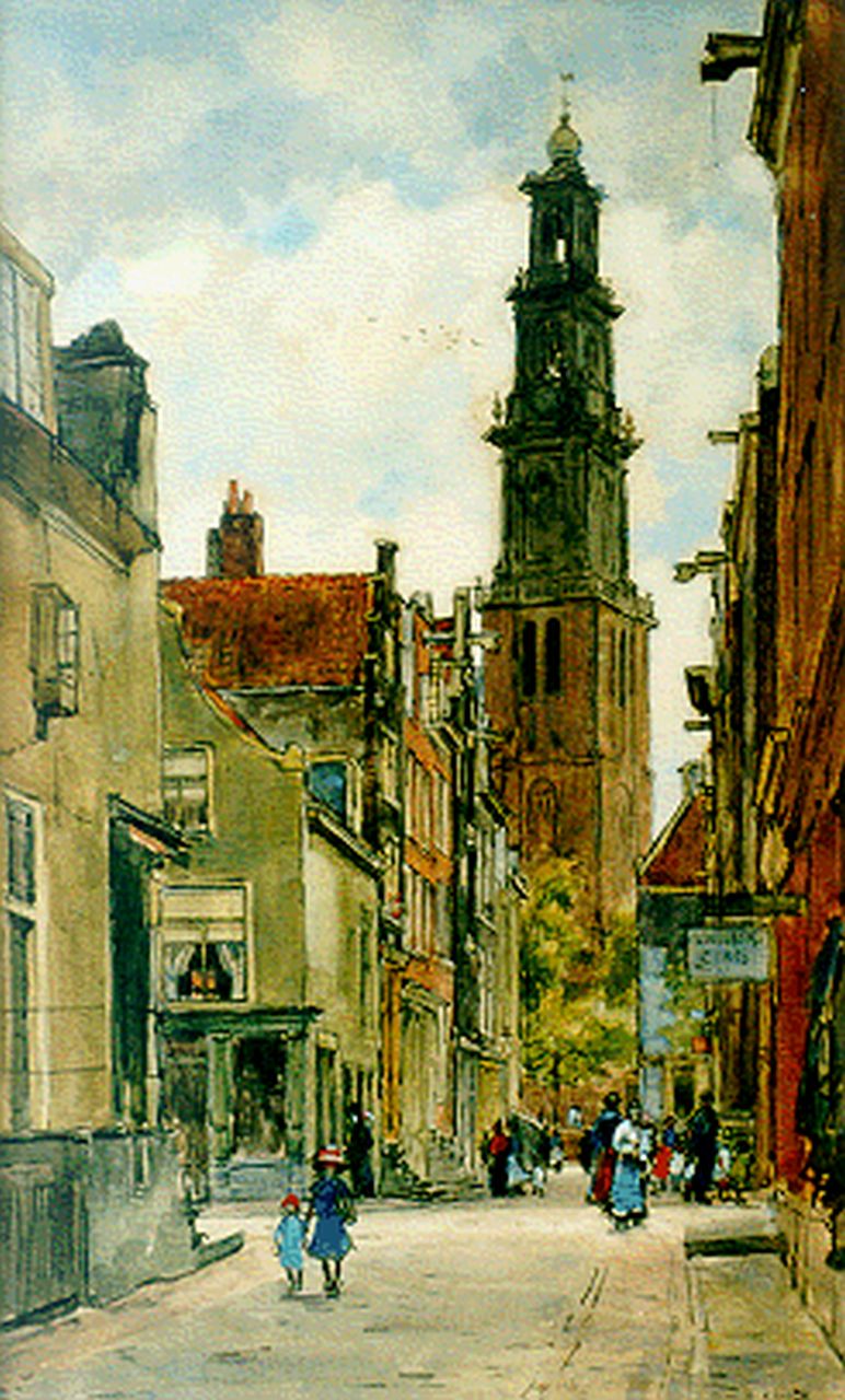Bobeldijk F.  | Felicien Bobeldijk, Gezicht op de Westertoren Amsterdam vanuit de Jordaan, aquarel op papier 67,2 x 42,0 cm, gesigneerd rechtsonder