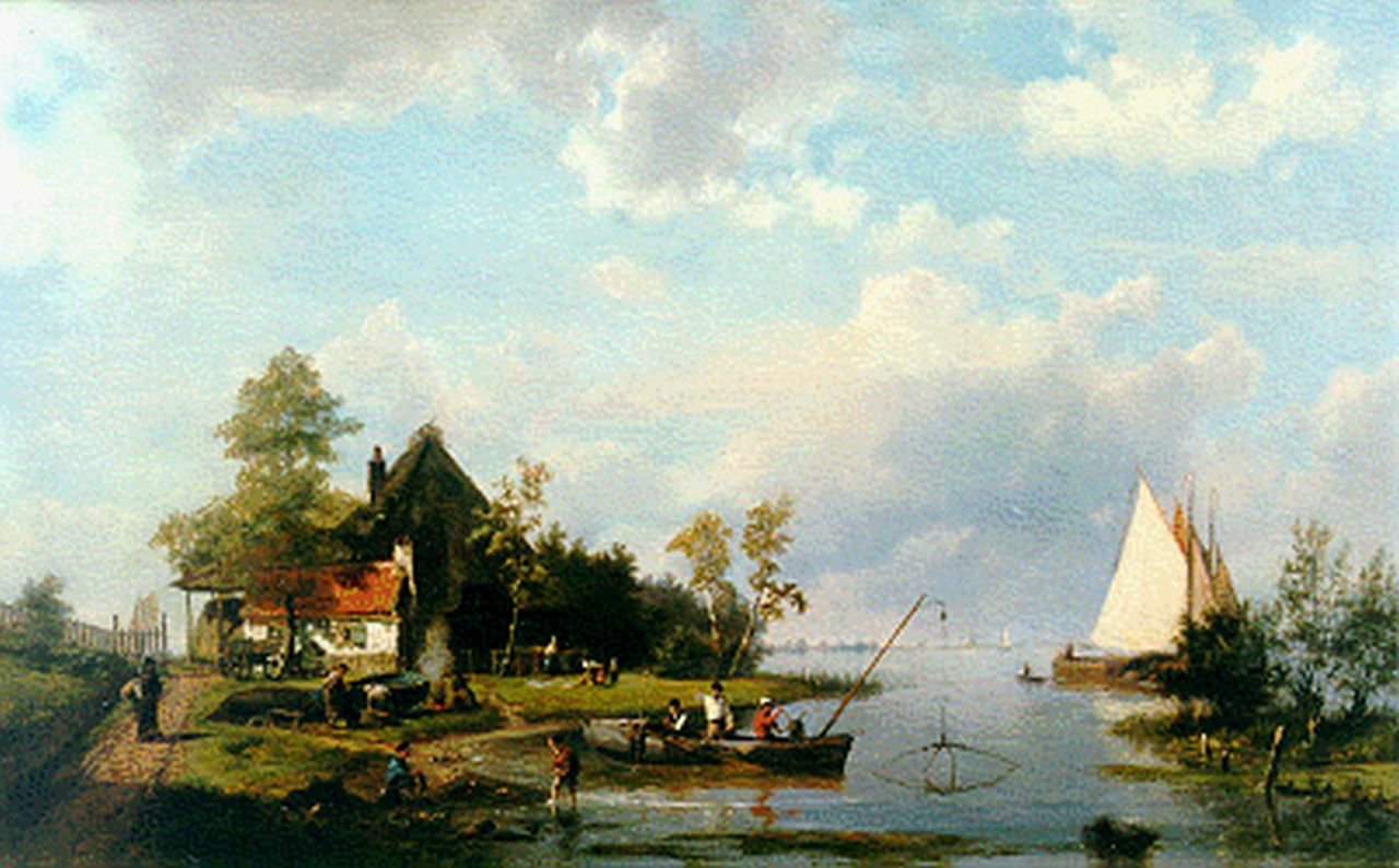 Koekkoek H.  | Hermanus Koekkoek, Rivierlandschap met botenwerkplaats op de wal, olieverf op doek 47,4 x 74,9 cm, gesigneerd linksonder