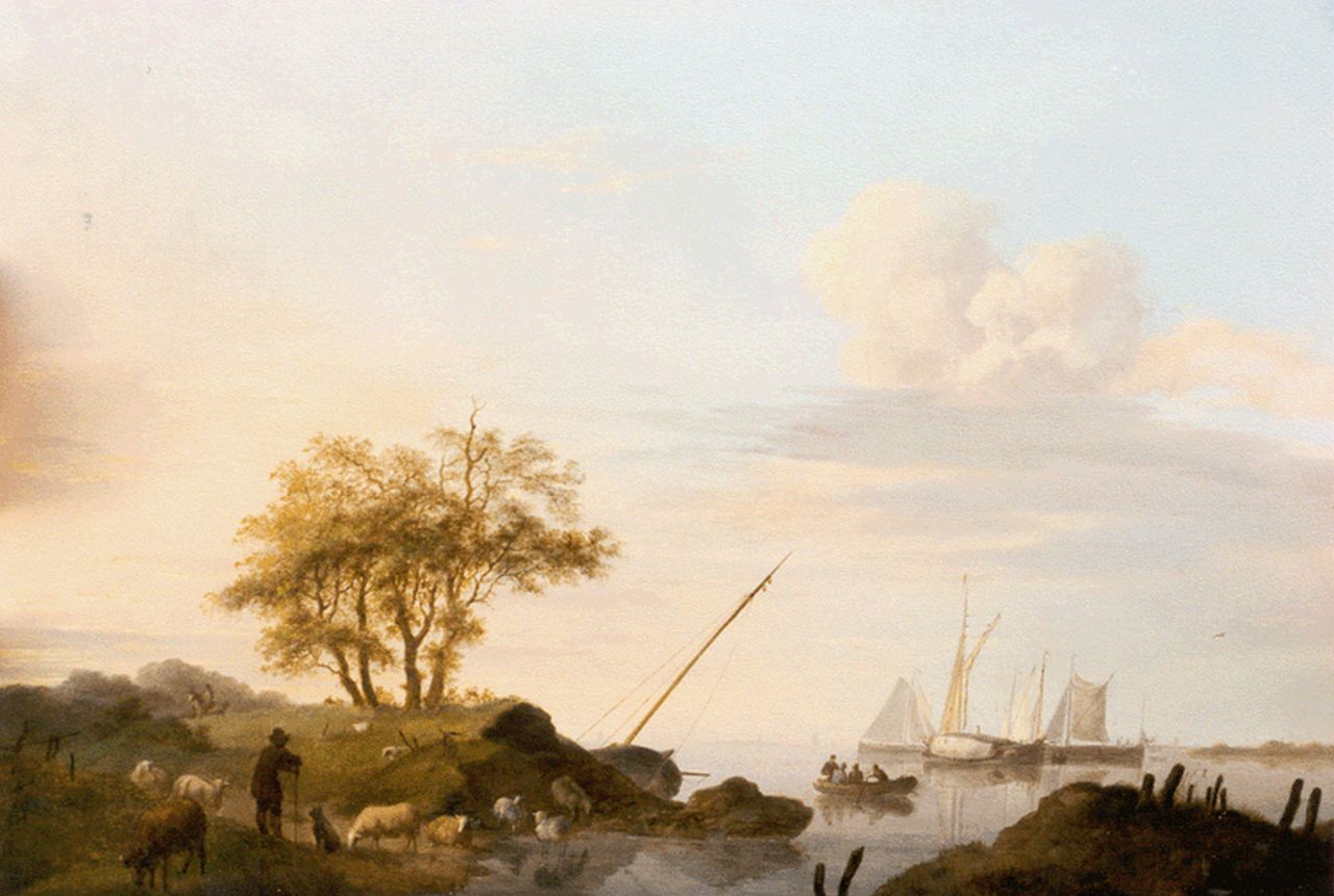 Koekkoek J.H.  | Johannes Hermanus Koekkoek, Zeilschepen in riviermonding met herder en vee op de oever, olieverf op paneel 24,6 x 33,3 cm, gesigneerd rechtsonder en gedateerd 1851