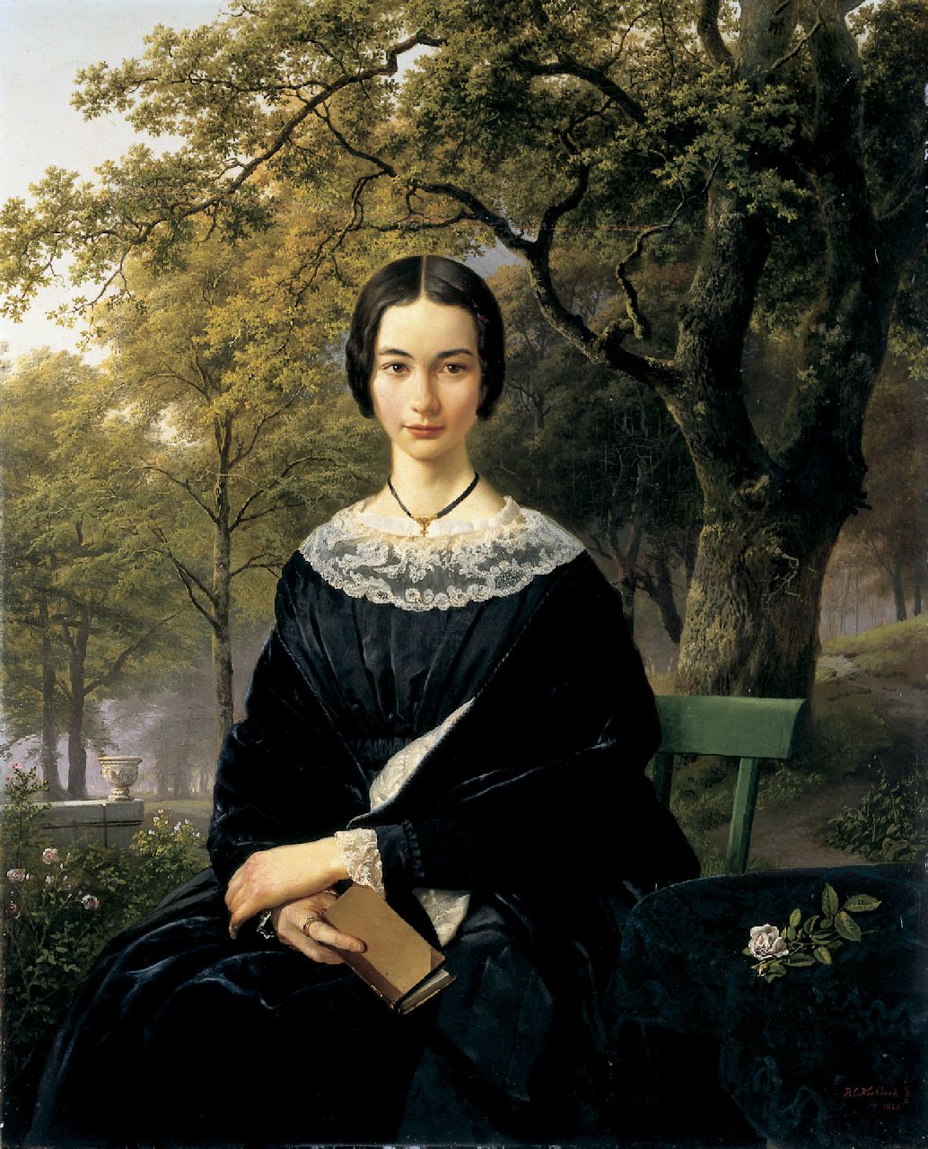 Koekkoek B.C.  | Barend Cornelis Koekkoek, Portret van een jonge vrouw in een parklandschap, olieverf op doek 84,7 x 64,0 cm, gesigneerd rechtsonder en gedateerd 1846