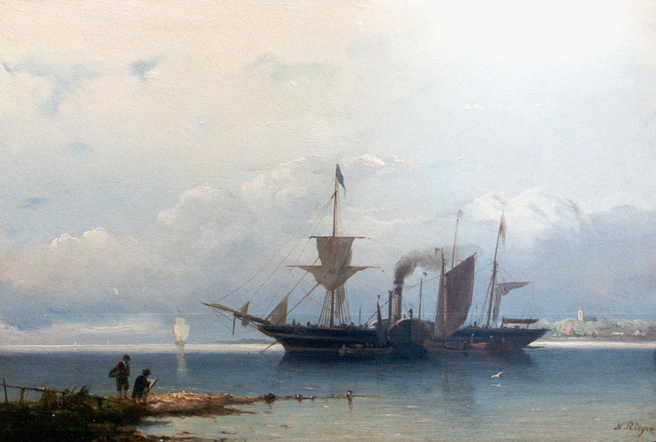 Riegen N. | Nicolaas Riegen, Havenmonding met raderboot, en kunstenaar aan de oever, olieverf op paneel 19,8 x 29,5 cm, gesigneerd rechtsonder Riegen N. | Nicolaas Riegen, Havenmonding met raderboot, en kunstenaar aan de oever, olieverf op paneel 19,8 x 29,5 cm, gesigneerd rechtsonder