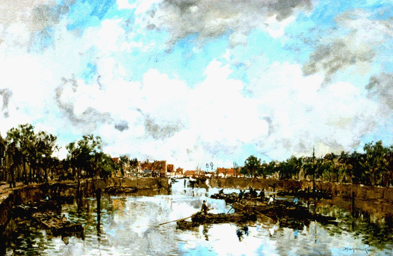 Mastenbroek J.H. van | Johan Hendrik van Mastenbroek, Havengezicht met pramen, olieverf op doek 47,5 x 71,3 cm, gesigneerd rechtsonder en gedateerd 1919